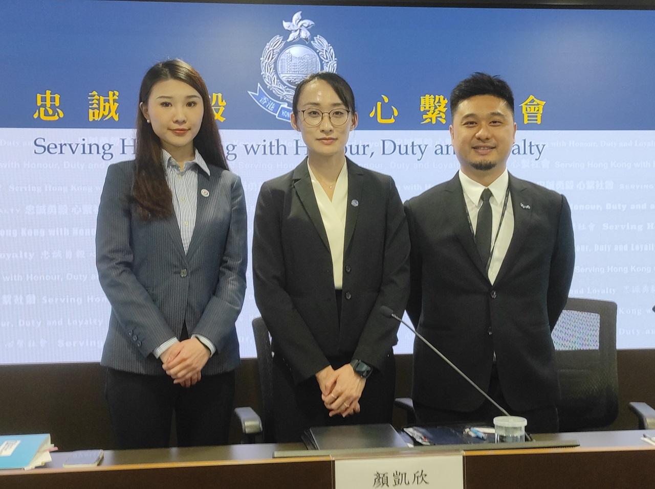 (左起)家庭衝突及性暴力政策組高級督察陳幸明、網絡安全及科技罪案調查科署理警司顏凱欣及警察臨床心理學家馮浩堅。(李朗僑攝)