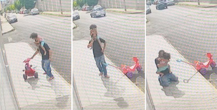 左至右：納帕急看三輪車底搵女，打電話求助，最後「找到」女兒，開心得跪地摟抱。(互聯網)