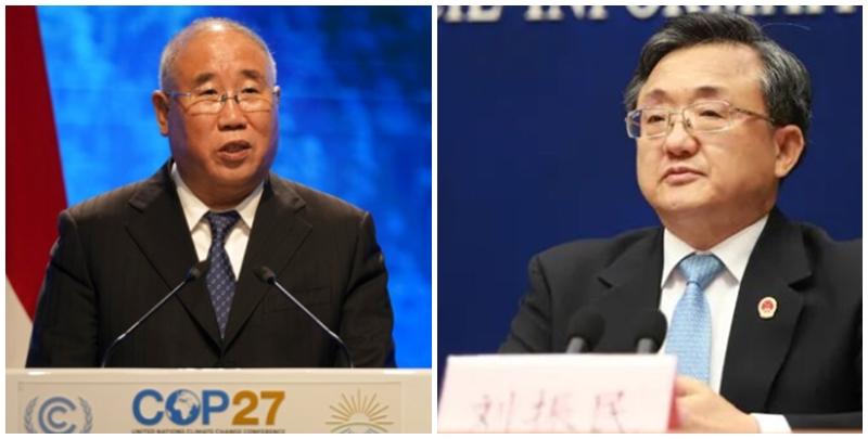 國家生態環境部公布，解振華(左)由於身體原因，經中央批准，卸任中國氣候變化事務特使，外交部前副部長劉振民(右)接任。