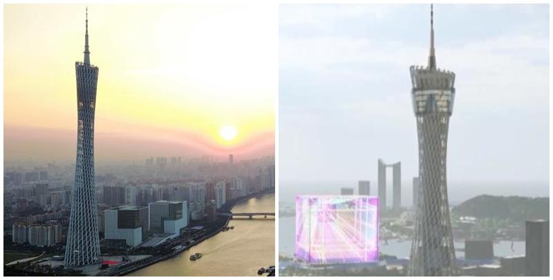 仁川新地標「Oculus Tower」(右)設計被批似廣州塔(左)，南韓否認抄襲。（網上圖片）