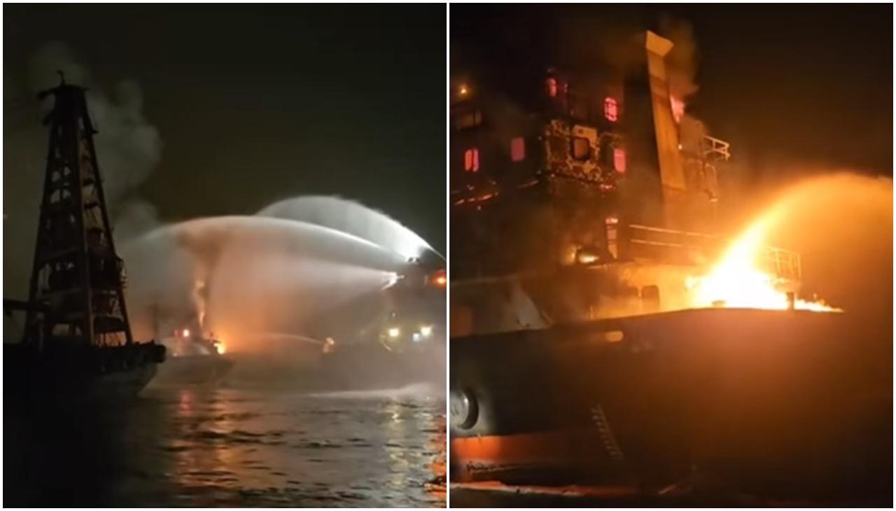 愉景灣廢置貨輪起火，消防滅火輪到場灌救。(香港消防處@FB)