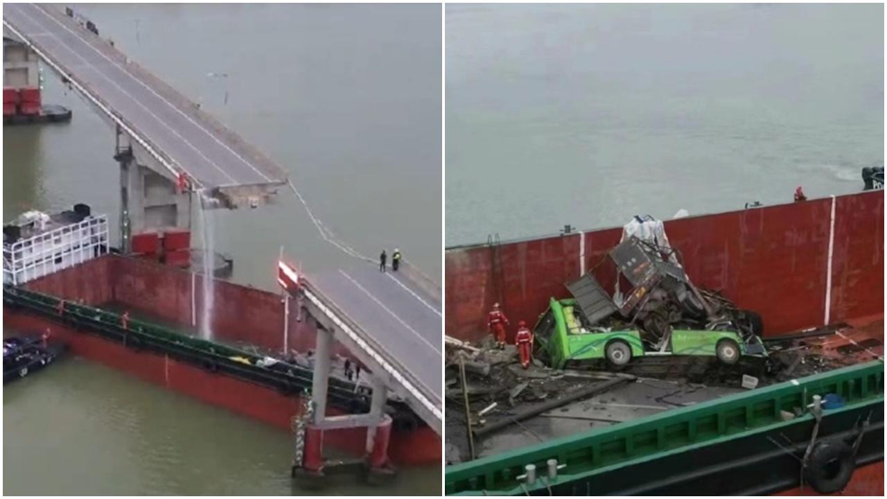 廣州瀝心沙大橋遭船撞斷，有汽車墮海死傷未明。(微博)