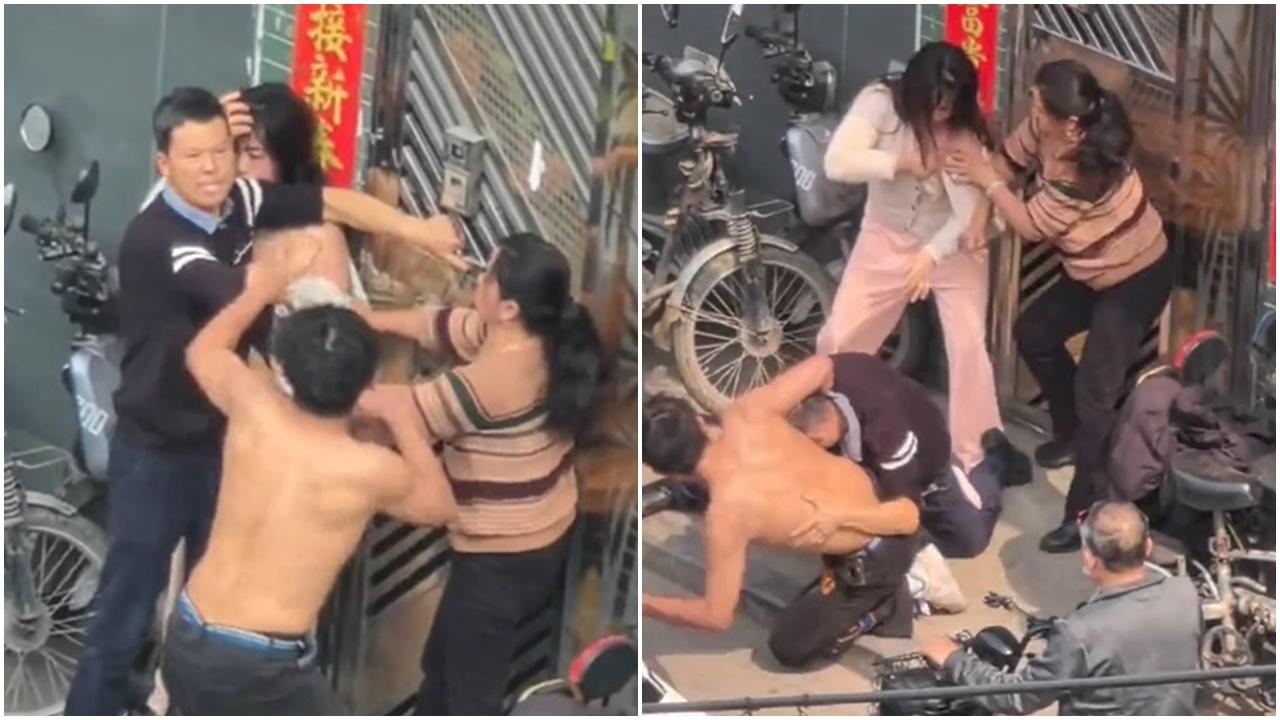 網傳阿爸搭上兒子女友，仔與母捉姦闔家街頭MMA。(微博)