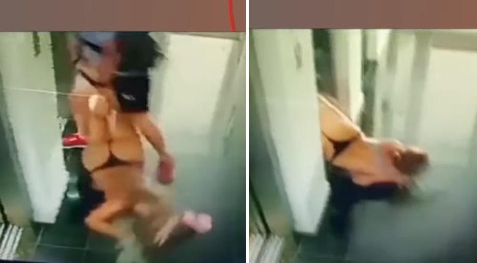 女子遭男友暴力對待，被拉著雙腳拖進電梯。(互聯網)