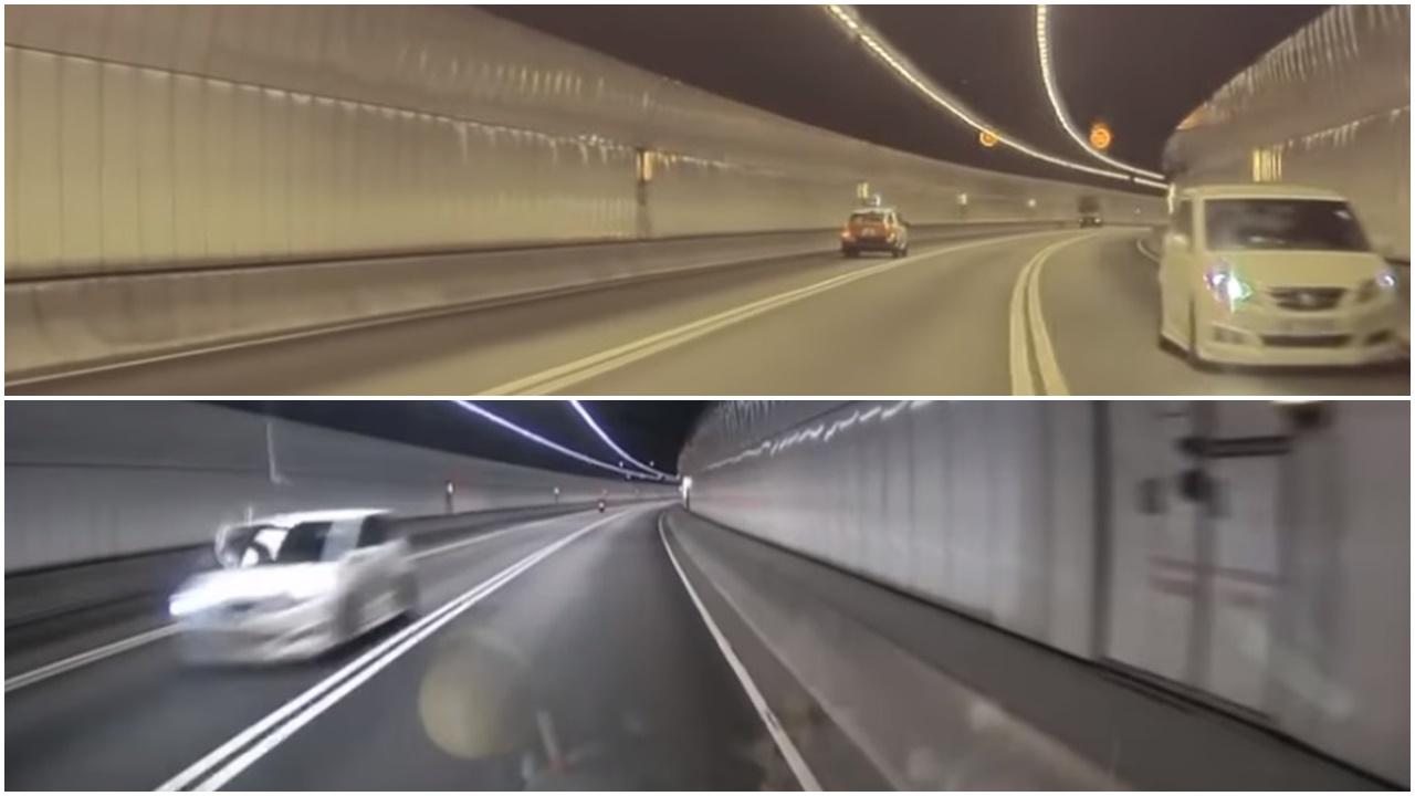 私家車疑避路障截查，尖山隧道逆線行車險釀意外。(車cam L（香港群組）@FB)