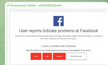 Cyberint發文稱，黑客組織Anonymous Sudan已在Telegram群組「承認責任」，指Facebook死機是該組織與另外兩個黑客組織Skynet及Godzilla合作發動網絡攻擊所致。