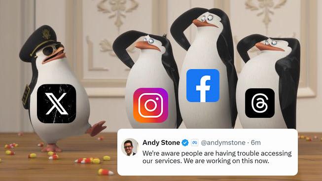 Meta社交平台死機，馬斯克X做圖炫耀寸爆朱克伯格。(X)