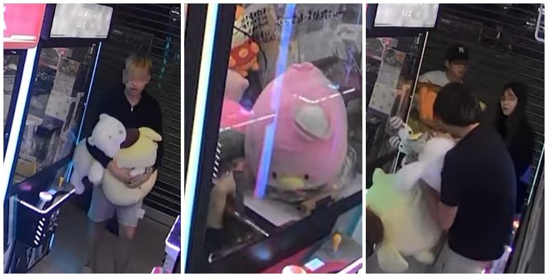 夾公仔舖店東主將拍下的片段上載社交平台，顯示當時商場已沒其他人，涉案為3男1女少年。(Go Go Shatin fb)