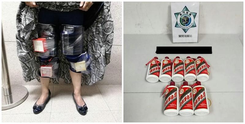 女子將8支貴州茅台酒綁藏在大腿及小腿。澳門海關圖片
