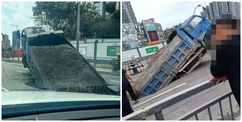  深圳龍崗區龍城大道附近地面今日(19日)突有一處坍塌，現場有一輛泥頭車掉落直插大洞。（網上圖片）
