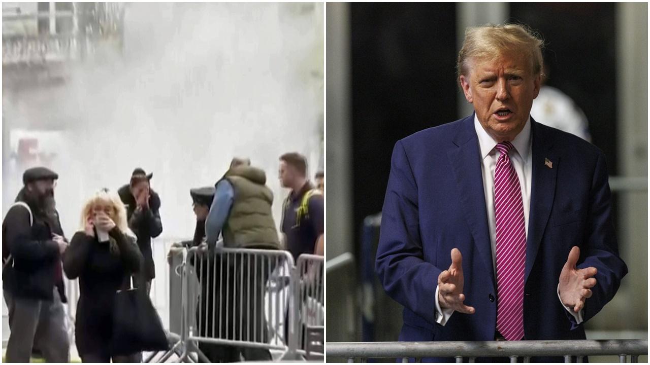 特朗普掩口費案下周一開審，法院外1名男子引火自焚。(AP)