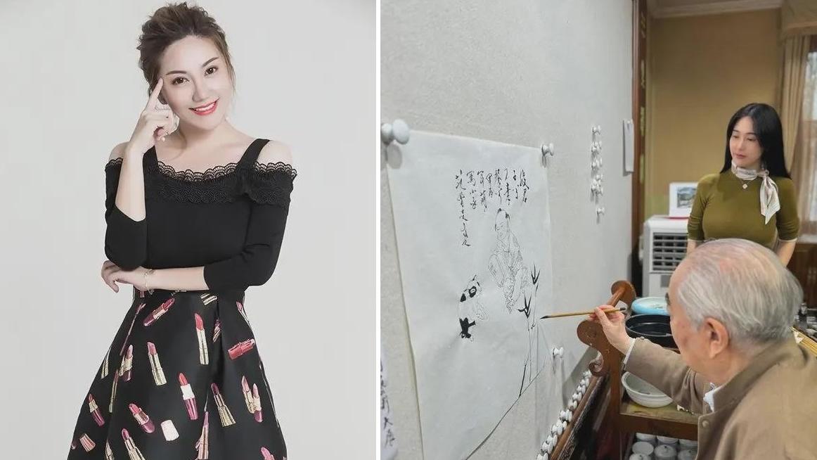 徐萌據稱是90後汽車節目主持，圖右為范曾在社交平台貼出徐萌在旁看著他作畫的照片。(互聯網)