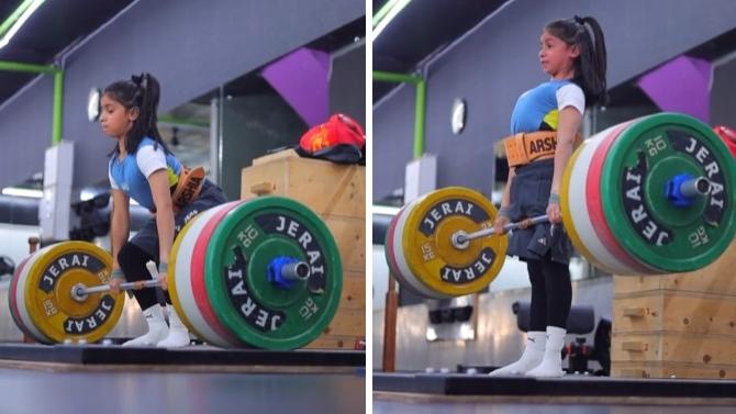 9歲的戈斯瓦米近日打破個人紀錄，成功舉起75公槓鈴。(互聯網)
