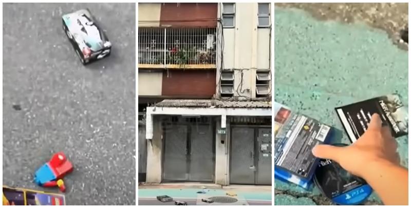 台北市一對夫妻在家中發生爭執，女方疑一氣之下，竟然把丈夫的樂高積木以及Playstation 4遊戲光碟由3樓直接往窗外扔到馬路上。（影片截圖）