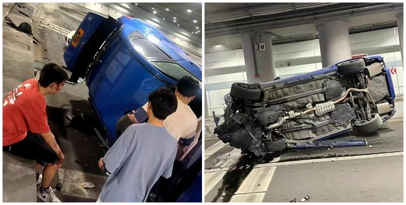 港車北上｜「掃把佬」番禺隧道撞壆翻側 (網上圖片)