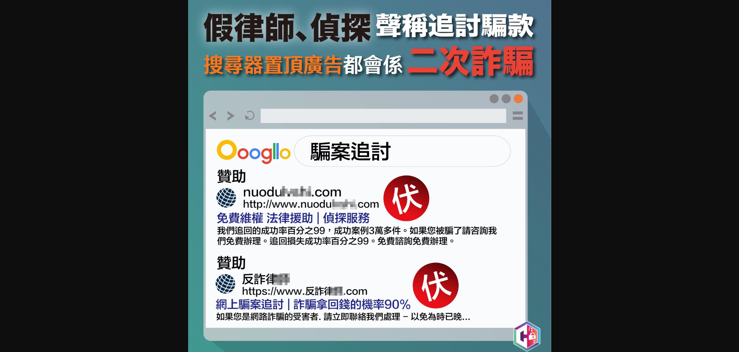 警方指近來越來越多自稱是律師團隊或偵探社，聲稱可以為網絡騙案的受害者追討騙款，追討損失的成功率甚至高達九成，警方提醒市民這些全部都是騙上騙，即是二次詐騙。(守網者FB)