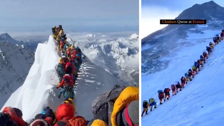 珠穆朗瑪峰出現攻頂人龍，「塞車」的情況看來十分危險。(互聯網)