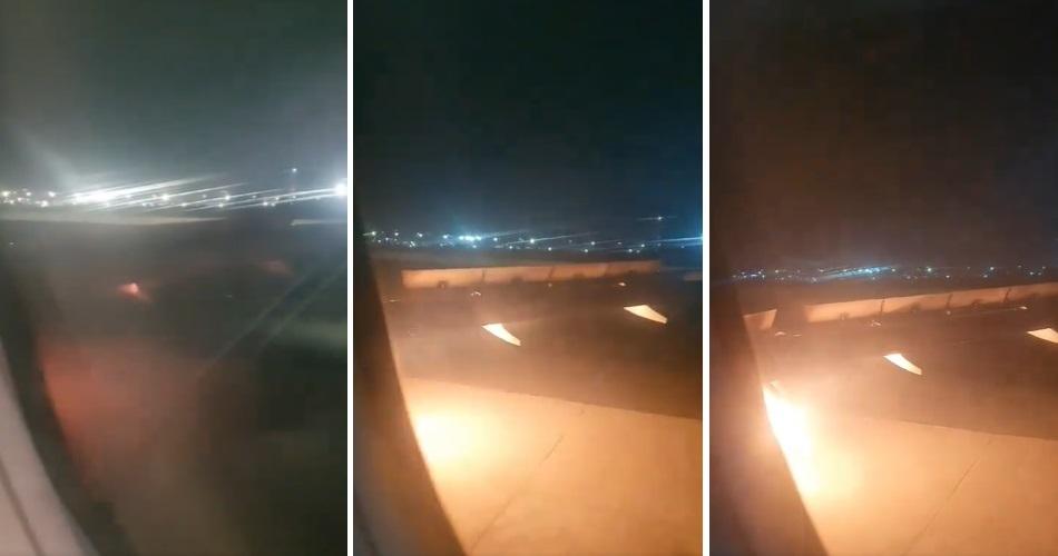 左至右：客機緊急降落，在跑道滑行時機翼火勢愈來愈大。(互聯網)