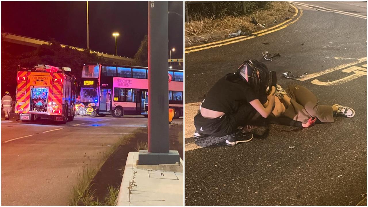 愉景灣巴士撞電單車，鐵騎士受傷15歲女乘客腳部骨折。(車cam L（香港群組）@FB)
