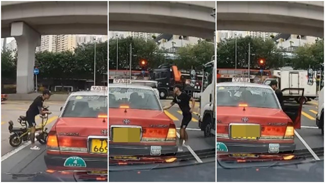 電動單車男疑不滿的士切線，強行開車門疑發生拉扯。(車cam L(香港群組)@FB)