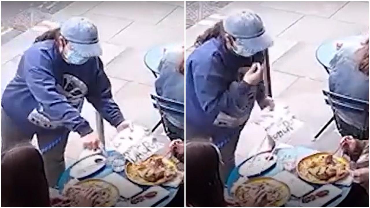 英小偷乞食聲東擊西秒偷手機，事主10分鐘後才發現。(YouTube)