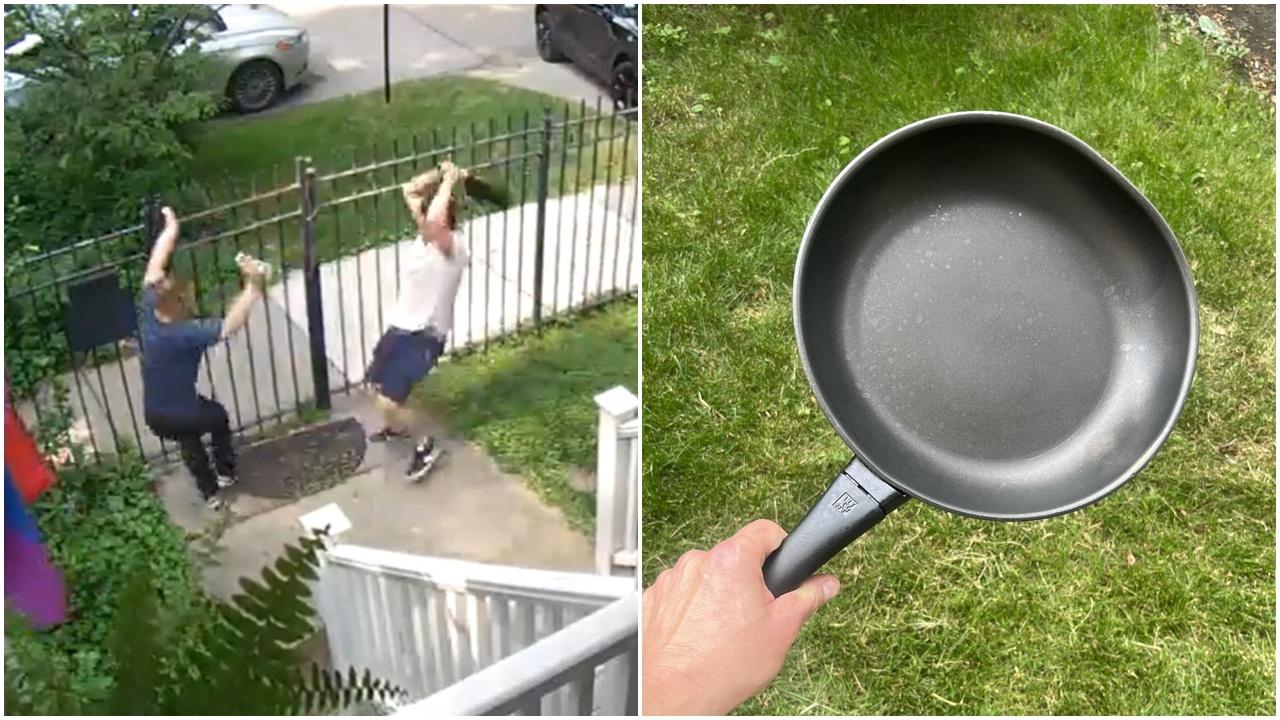 男屋主用平底鑊追打小偷似足卡通，影片曝光笑爆網民。(X)