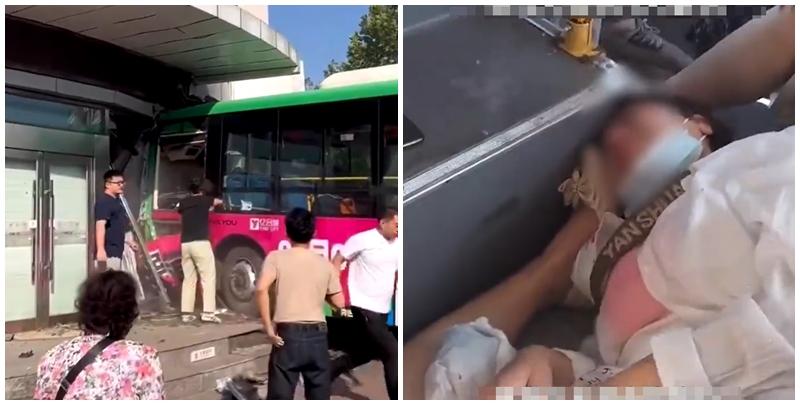  遼寧省大連市金普新區今日(18日)早上有一輛巴士失控撞入銀行，導致4名乘客輕傷，另有1名乘客受傷較重，暫無生命危險。影片可見車廂內多名乘客倒地，有人手臂染滿血漬，部份傷者被救出車外。（影片截圖）