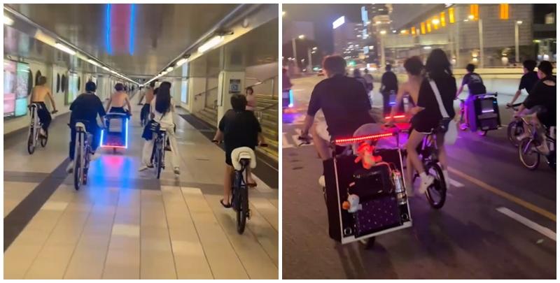 有「子彈仔」車隊在尖沙咀街頭及紅磡站行人隧道飆車，部分人半裸，並在車尾掛上巨型發光音響。（影片截圖）