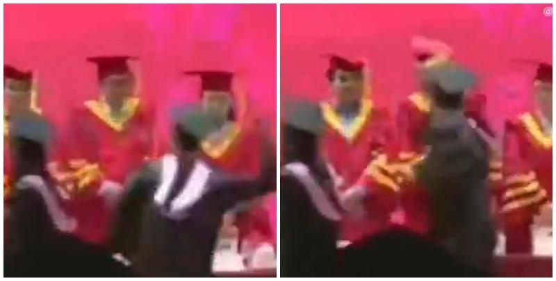 一名上海復旦大學學生在法學院畢業典禮上台時揮拳打一名教授(影片截圖)