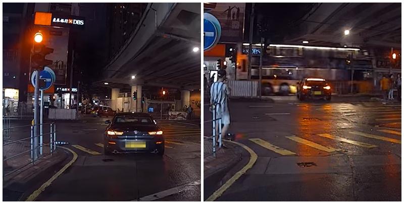 一輛私家車駛經灣仔鵝頸橋橋底時，司機無視紅燈及只准左轉標誌，剷上行人過路處兼橫跨6條行車線，駛往堅拿道公廁方向轉入駱克道。 YouTube頻道「車CAM特警」