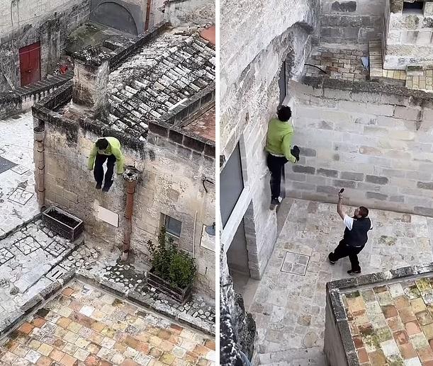 男子在意大利巴西利卡塔古城玩飛躍道，友人在旁舉機拍攝。(互聯網)