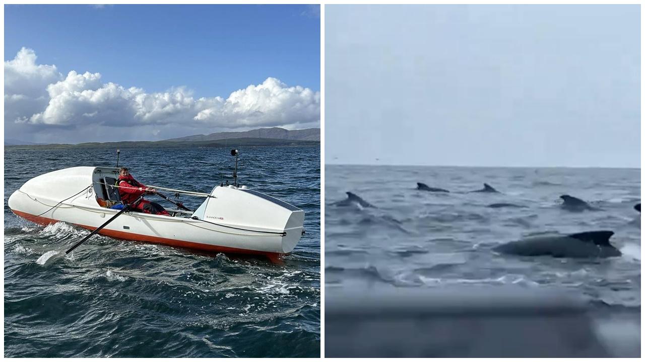英男獨自划船橫渡北大西洋，遭上千隻領航鯨圍困2小時。(FB)