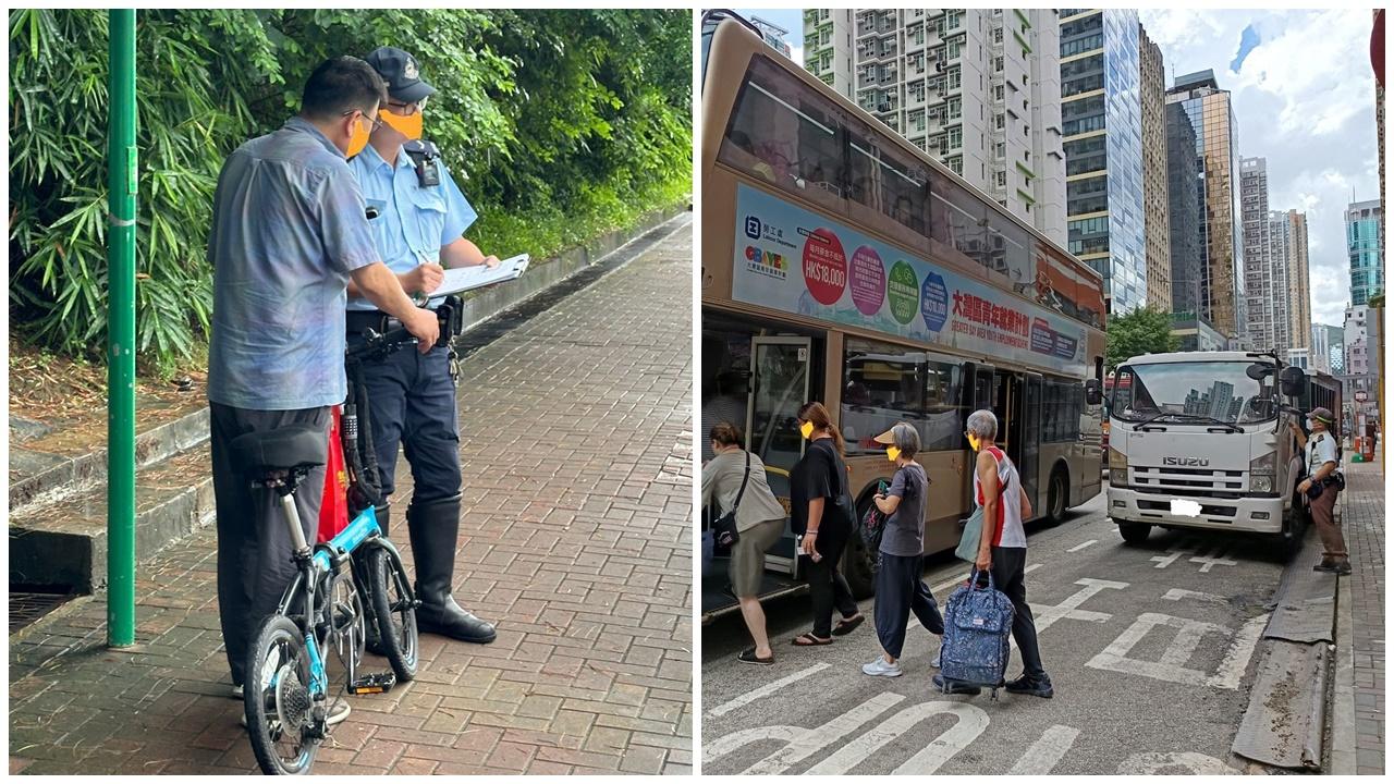 警方荃灣一連兩日打擊單車及巴士站違泊，發逾1000張「牛肉乾」拖5車。(警方圖片)
