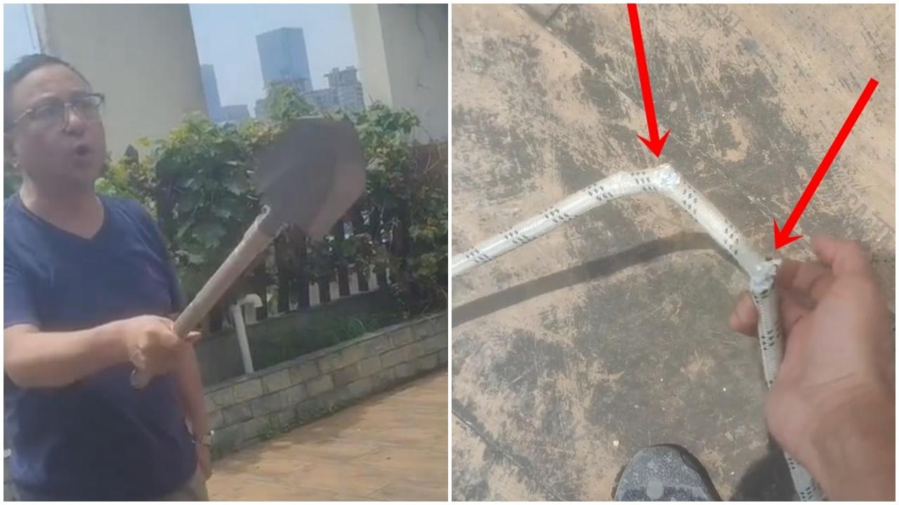 重慶男不滿花草受損，將高空作業工人安全繩斬成3截。(微博)