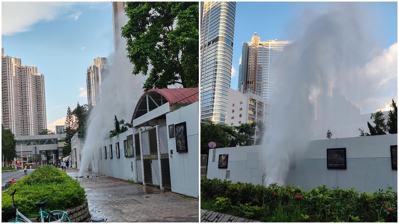 將軍澳唐俊街爆水管噴6米高水柱，射入學校範圍。(將軍澳主場@FB)