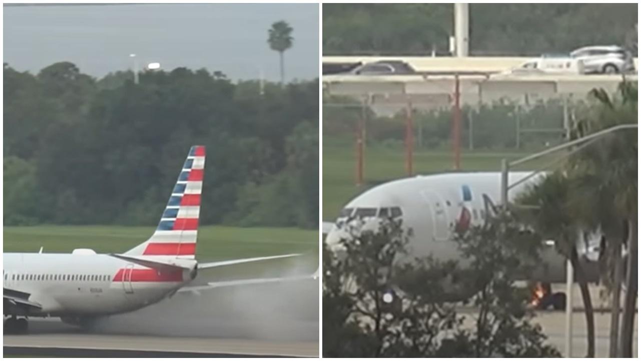 波音又出事，美航180人客機起飛前爆胎冒白煙起火。(YouTube)