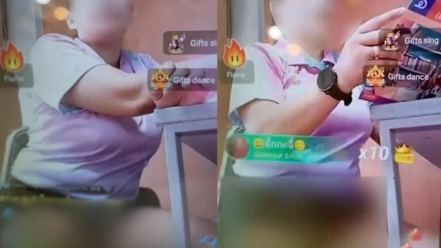 女教師做直播時把鏡頭對準下體，故意「擘腿露底」。(互聯網)