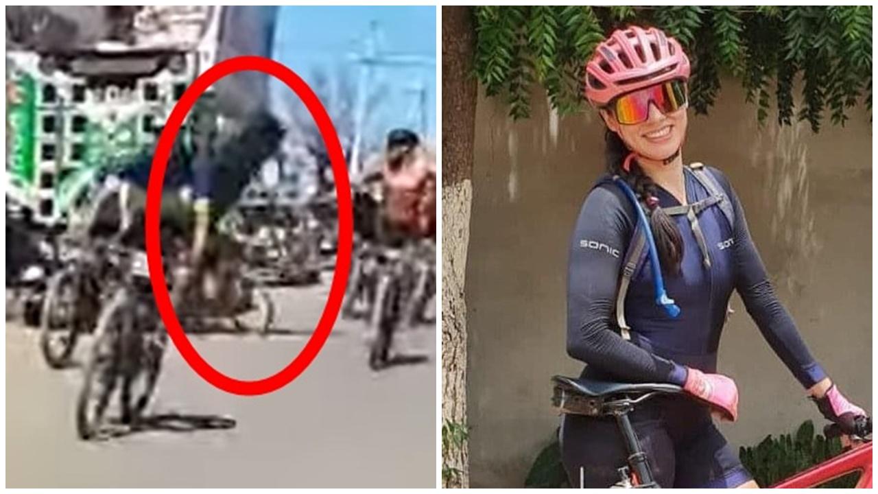 女單車手臨衝線慘遭巨型喇叭砸死，意外畫面曝光。(YouTube)