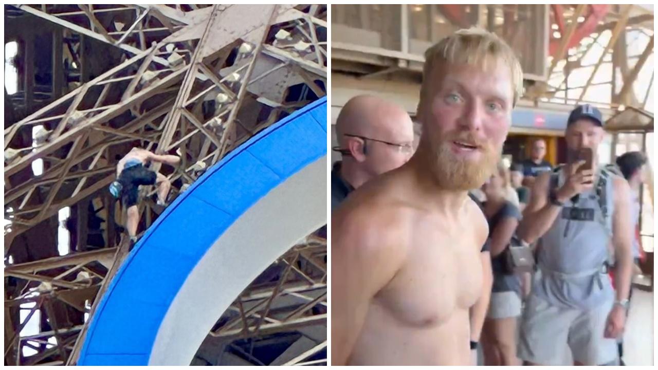 巴黎奧運閉幕禮前赤膊男攀艾菲爾鐵塔奧運五環，附近人士一度疏散。(X)