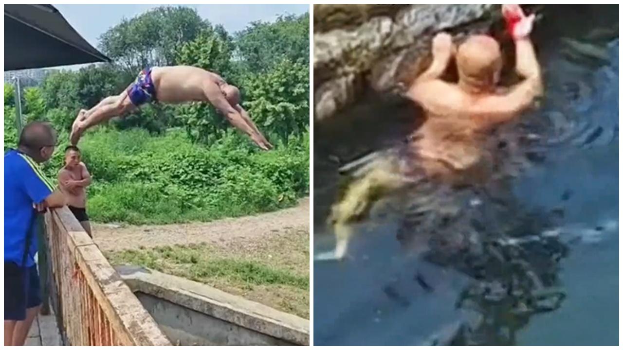 學全紅嬋「水花消失術」，大叔上橋跳水即頭破血流。(微博)