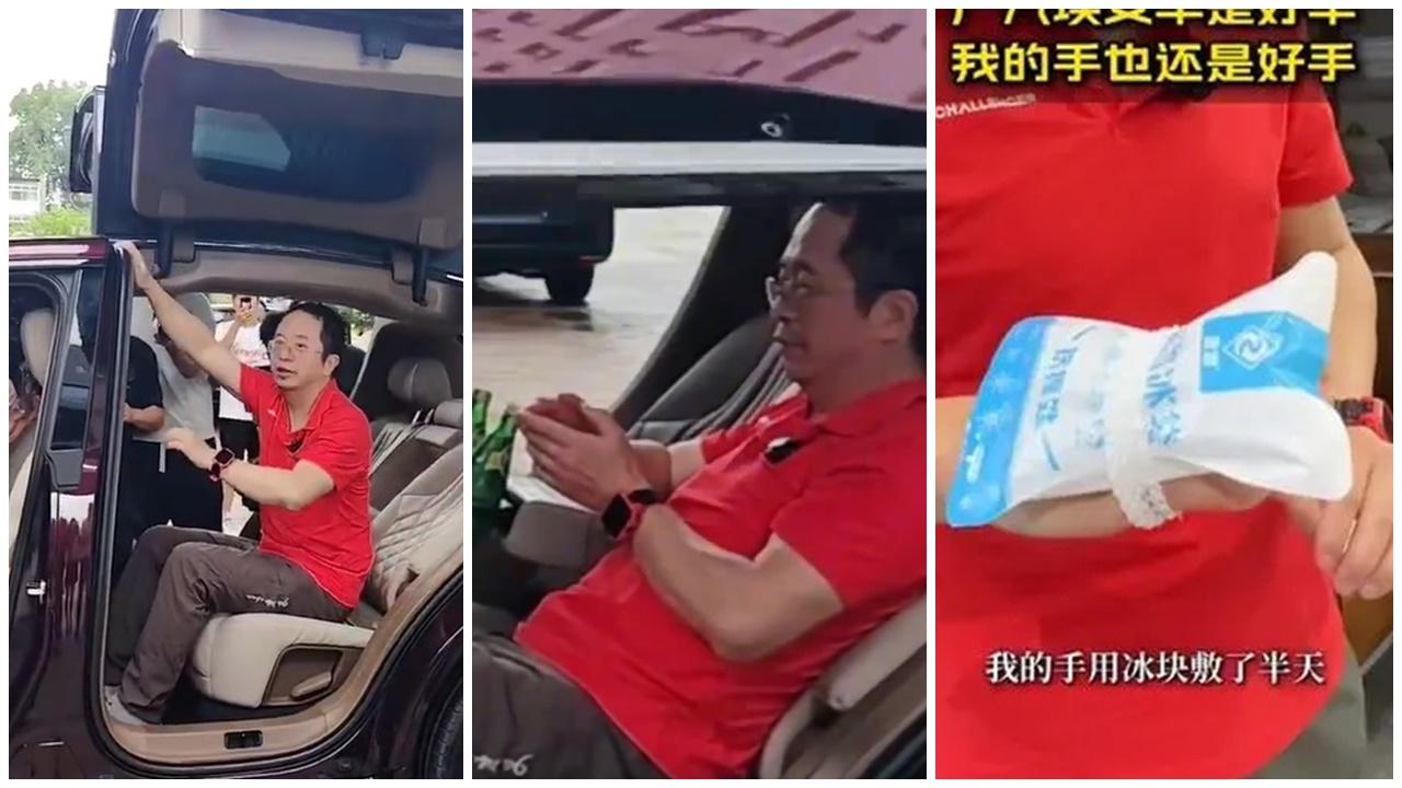 「360集團」創辦人親試電動車防夾功能夾親手，慘叫後仍讚：車是好車。(微博)