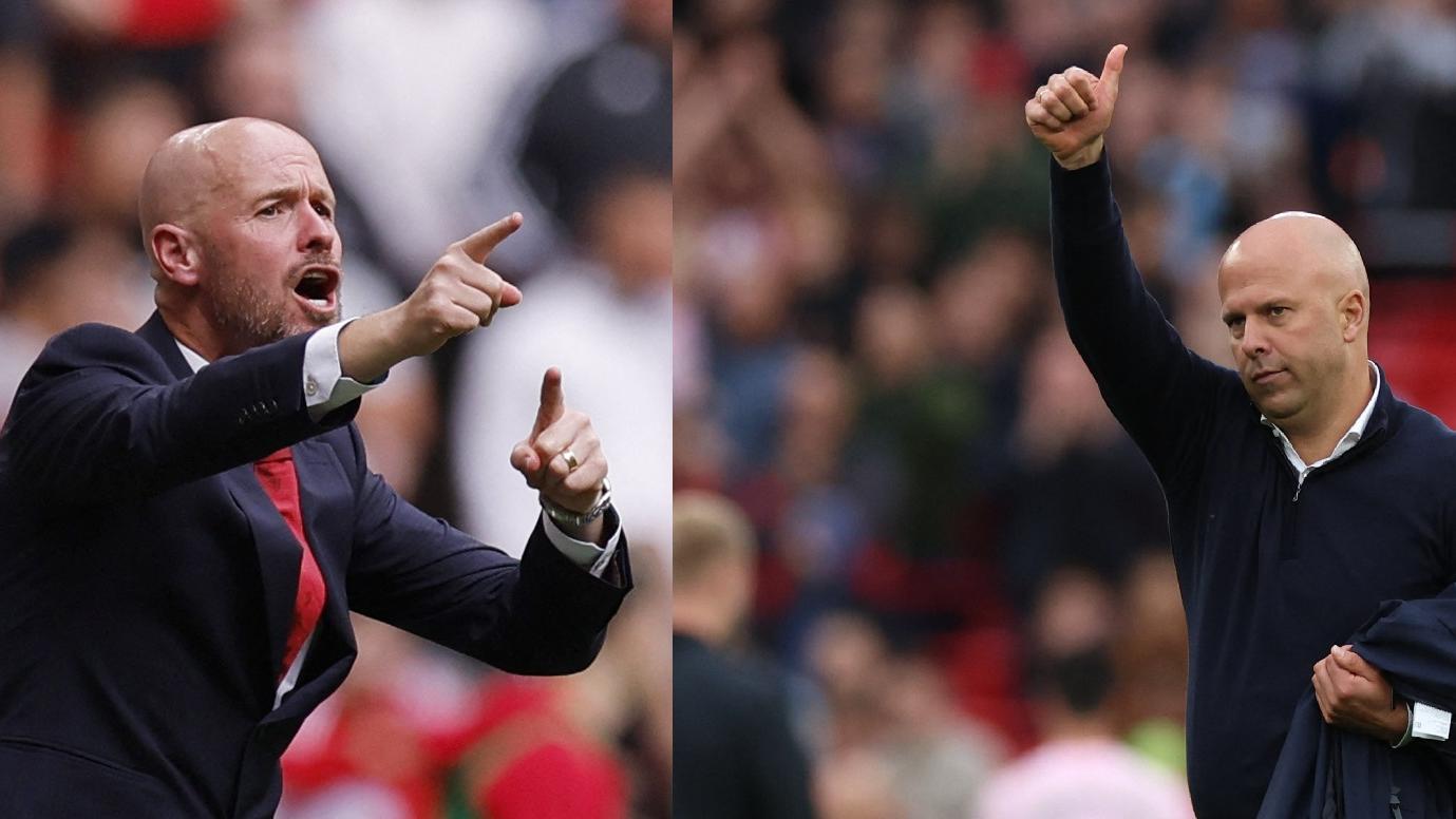 曼聯的滕哈格與利物浦史洛治在英超首次交手。(路透社)