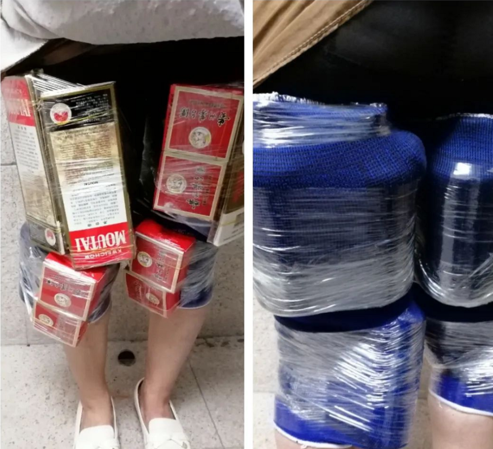 一名50歲香港女子將6支茅台酒綁在腿上，企圖偷運入澳門，被澳門海關發現拘捕。(澳門海關)