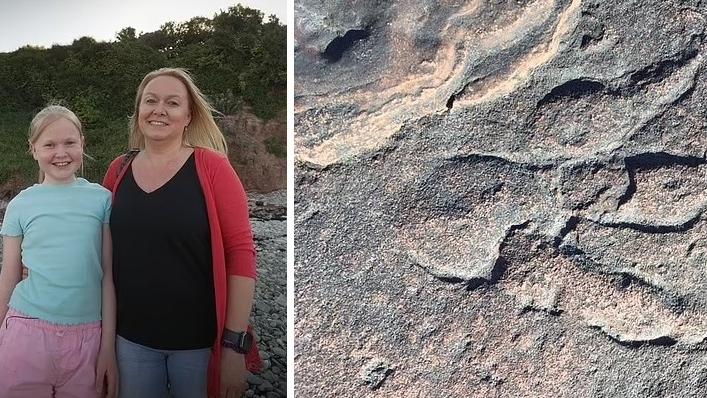 10歲的泰根與媽媽在南威爾斯的海邊發現相信是2億年前的恐龍腳印。(互聯網)