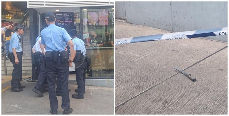 一名男子走進樂富廣場一牛肉檔擸走兩把牛肉刀離去，大批警方接報帶同盾牌趕至，在廣場外街道發現該兩把刀。(香港突發事故報料區FB)