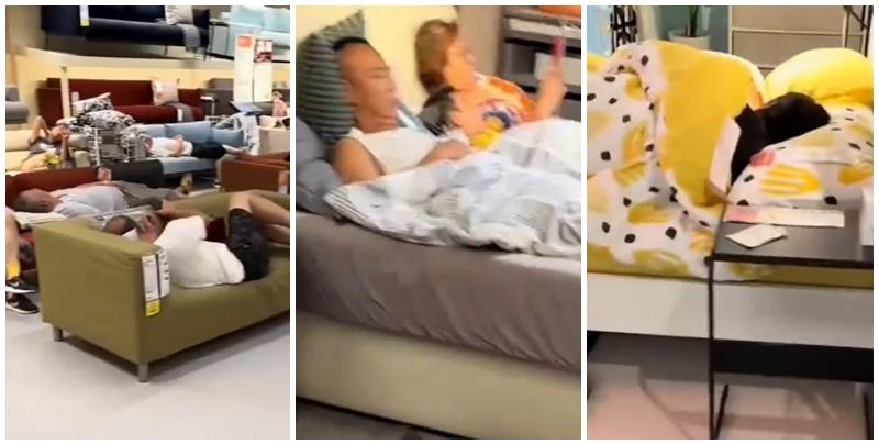 有網民發片指遼寧大連的宜家家居店被「攻陷」，大批民眾把佔據多個角落休息，部份人更如視作自己居所，在沙發或床上休息，更有人直接蓋被睡覺(影片截圖)