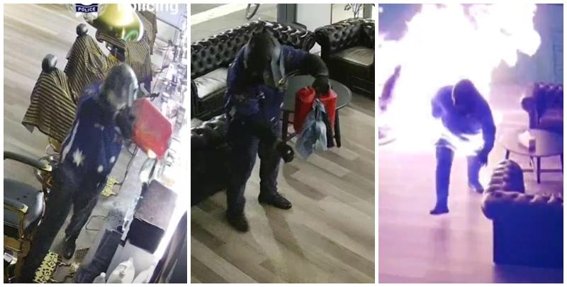 澳洲坎培拉兩男潛入一間髪型屋內縱火，其中一人淋油時火勢瞬間燒至自己身上，立刻衝出店外翻地打滾，及後與同伴狼狽離開，警方正通緝二人，又指幸好事件沒釀傷亡。(影片截圖)