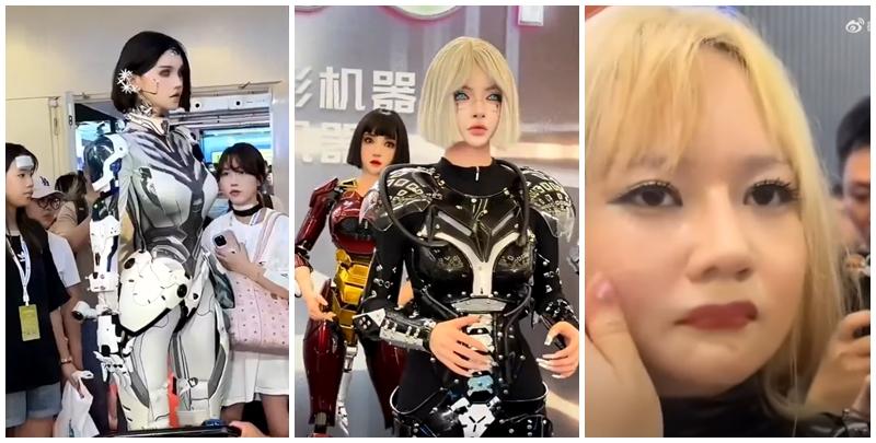 北京「2024世界機器人大會」，有由真人經特技化妝扮成的機器人，期間被觀眾亂摸。(影片截圖)