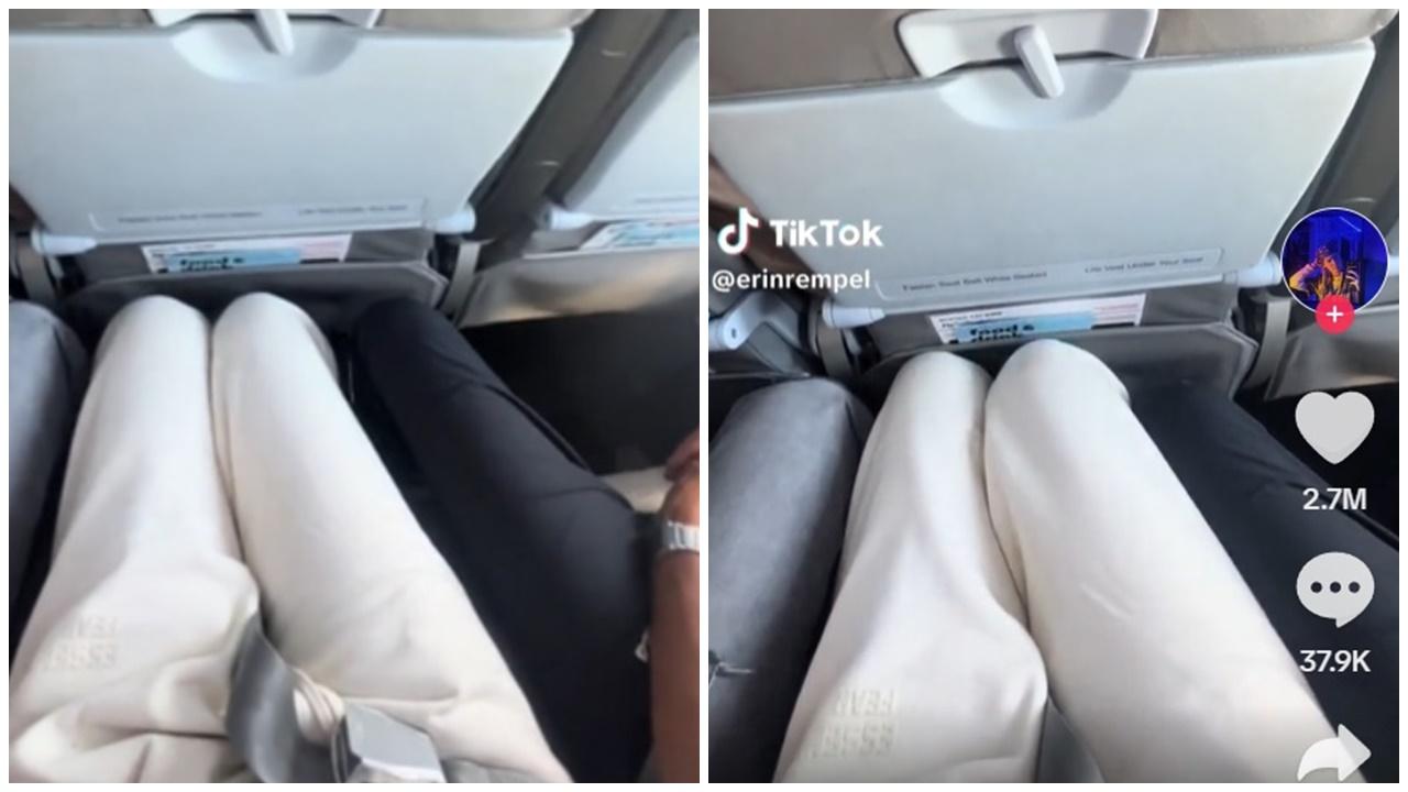 女子搭飛機遭左右兩男擘腿「夾擊」，全程腿貼腿喊崩潰。(TikTok)