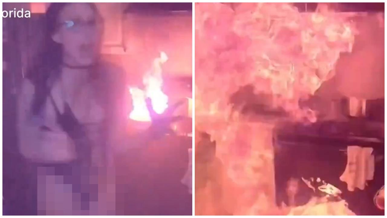 女網紅廚房直播18禁，爐頭突起火險焚身。(X)